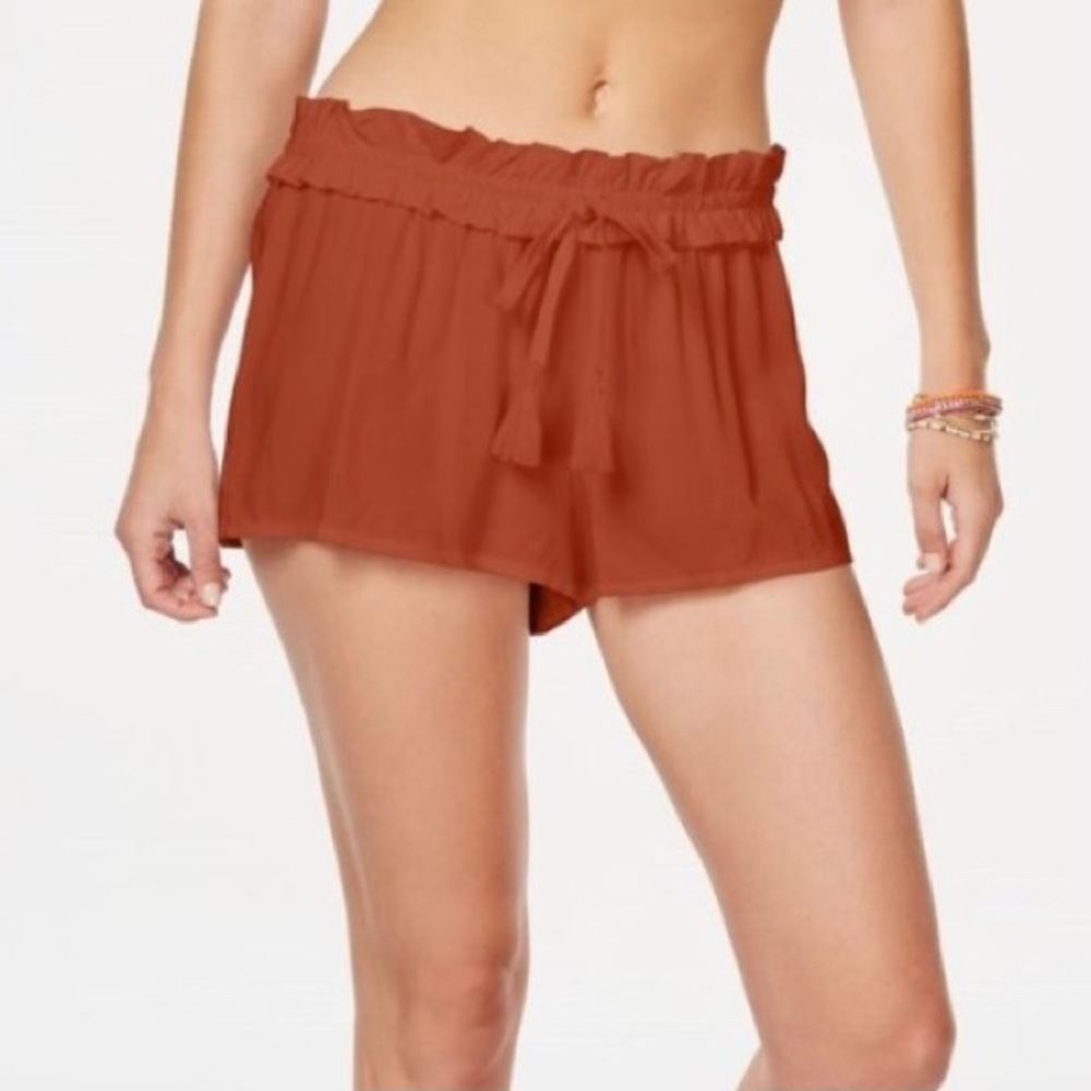 California Waves Cover Up Beach Shorts Tassel Tie Ruffle Pull On Bisque Red NEW